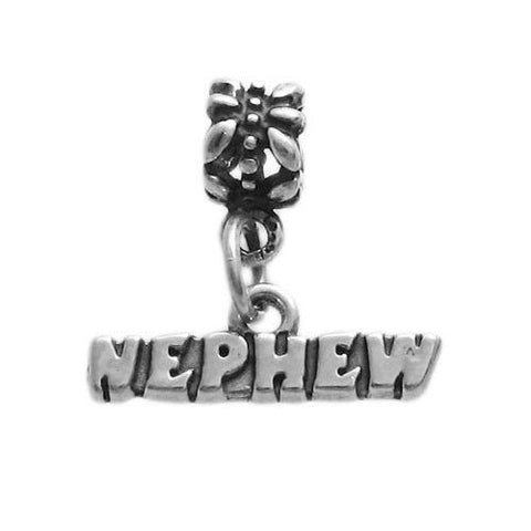 Stunning "Nephew" Scripted Charm with detailed Euro Bead. Wholesale Sterling Silver Charms - Jewelry. Main