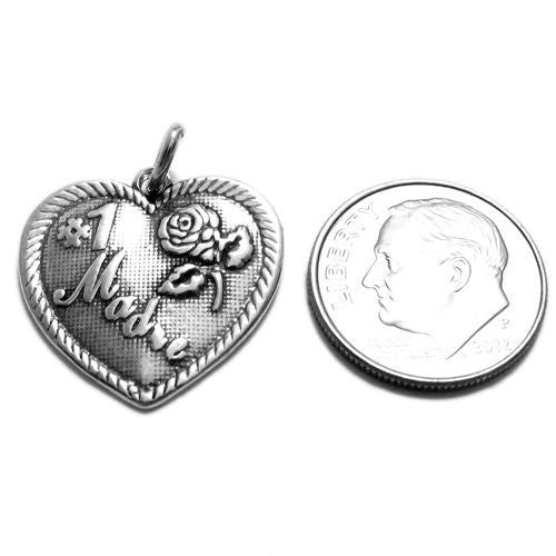Unique "#1 Madre" Rose Heart Charm for your Mother. Wholesale Sterling Silver Charms - Jewelry