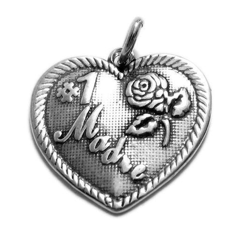 Unique "#1 Madre" Rose Heart Charm for your Mother. Wholesale Sterling Silver Charms - Jewelry