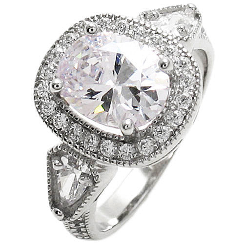 Oval cut CZ engagement ring w/ pear shaped accent CZs | Wholesale 925 Sterling Silver Rings - Jewelry | Item photo