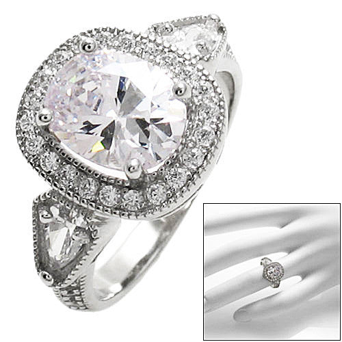 Oval cut CZ engagement ring w/ pear shaped accent CZs | Wholesale 925 Sterling Silver Rings - Jewelry | Main photo