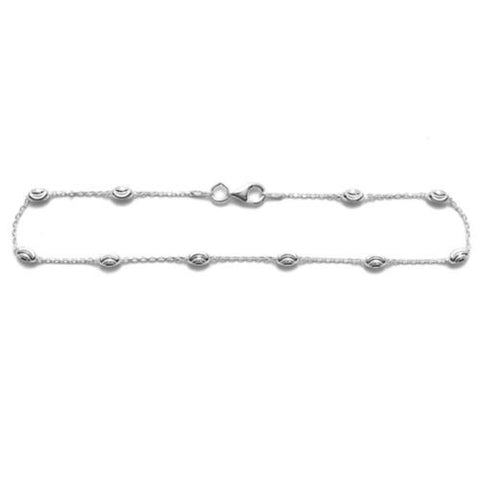 Sleek Oval Rolo Link Anklet with Laser Cut Rice Beads - 3 Lengths | Wholesale Sterling Silver Jewelry 