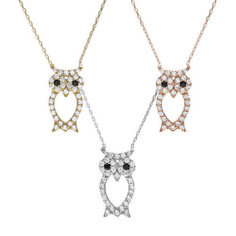 Luxurious Sterling Silver Owl Pendant Necklace with CZs. Available in 3 Colors.