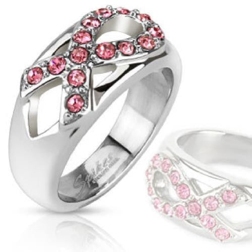 Cancer Awareness Ring with Pink Ribbon in CZs | Wholesale 316L Stainless Steel Rings - Jewelry