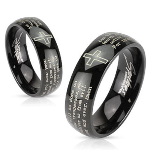 Black dome ring with Lord's Prayer engraved around the band | Wholesale stainless steel rings - Jewelry