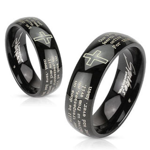 Black dome ring with Lord's Prayer engraved around the band | Wholesale stainless steel rings - Jewelry