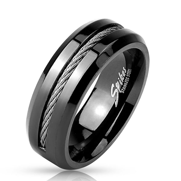 Polished black stainless steel ring with chamfered edges and cable inlay | Wholesale Jewelry | Main photo