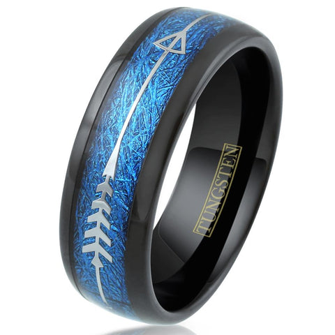 Polished black tungsten carbide low dome band ring w/ sapphire blue faux meteorite & silver feathered arrow | Tilted photo