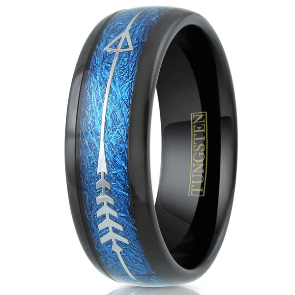 Polished black tungsten carbide low dome band ring w/ sapphire blue faux meteorite & silver feathered arrow | Upright photo