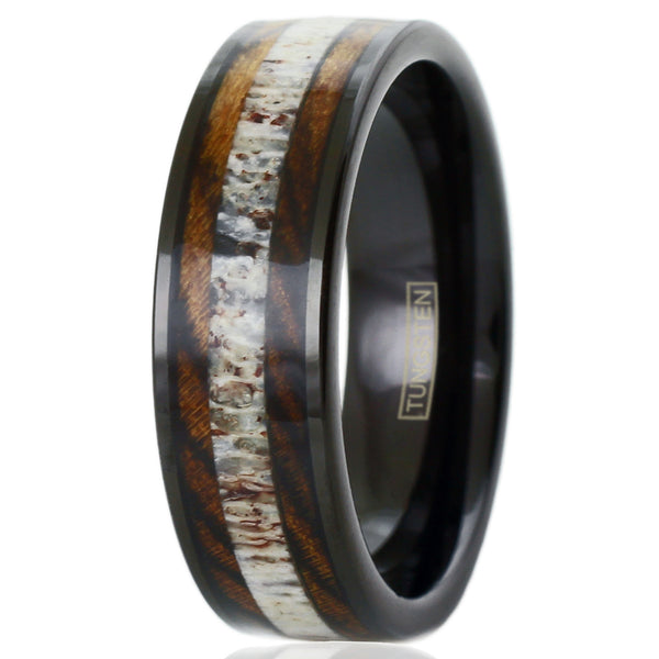 black tungsten ring w/ deer antler & tiger stripe bocote wood inlays | Discount tungsten rings - wedding bands | upright photo