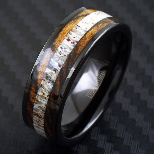 black tungsten ring w/ deer antler & tiger stripe bocote wood inlays | Discount tungsten rings - wedding bands | black tilt photo