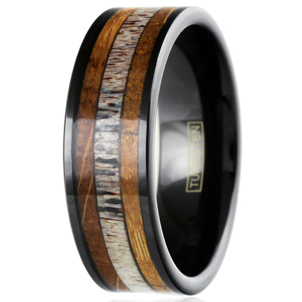Polished black tungsten carbide band ring w/ deer antler & whiskey barrel oak wood inlays | 8mm White photo