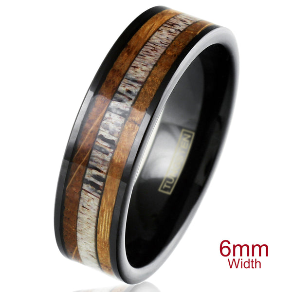 Polished black tungsten carbide band ring w/ deer antler & whiskey barrel oak wood inlays | 6mm White photo