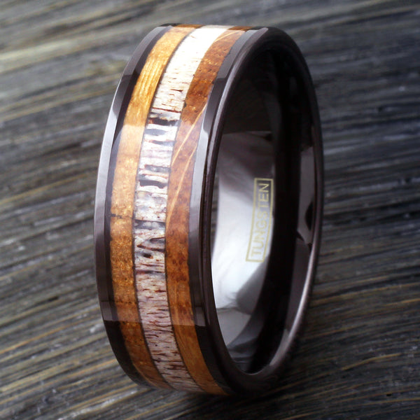 Polished black tungsten carbide band ring w/ deer antler & whiskey barrel oak wood inlays | 8mm Front quarter photo