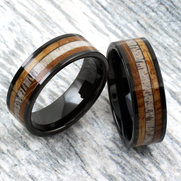 Polished black tungsten carbide band ring w/ deer antler & whiskey barrel oak wood inlays | 8mm group photo