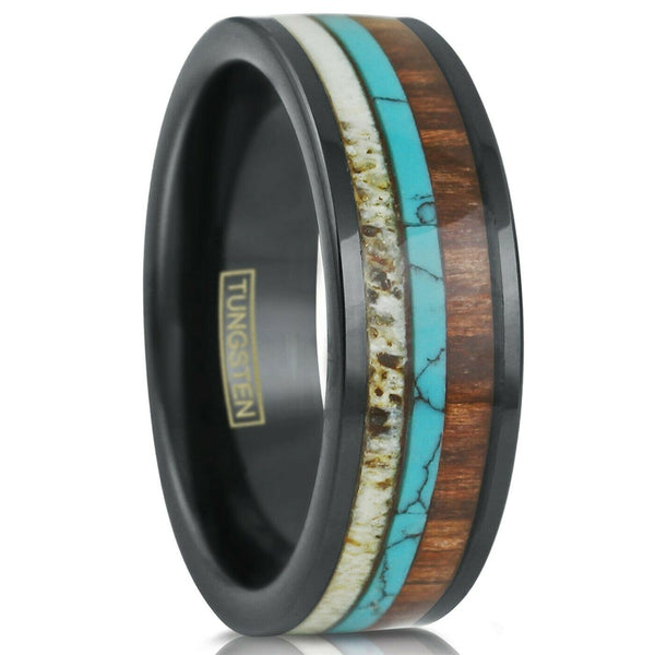 Flat polished black tungsten carbide band ring | deer antler - blue turquoise - Koa wood inlays | White photo