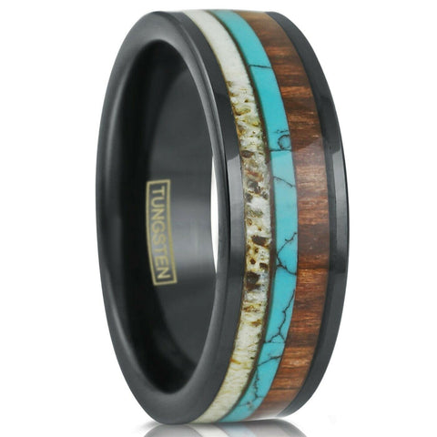 Flat polished black tungsten carbide band ring | deer antler - blue turquoise - Koa wood inlays | White photo