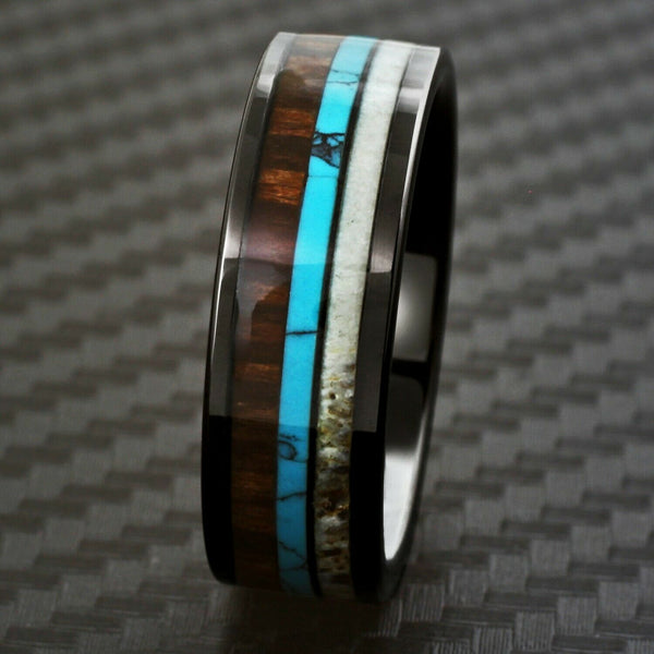 Flat polished black tungsten carbide band ring | deer antler - blue turquoise - Koa wood inlays | Black photo