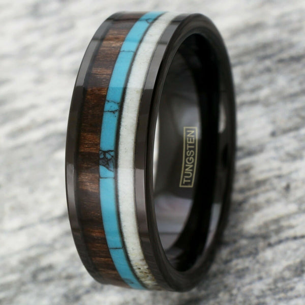 Flat polished black tungsten carbide band ring | deer antler - blue turquoise - Koa wood inlays | Quarter photo