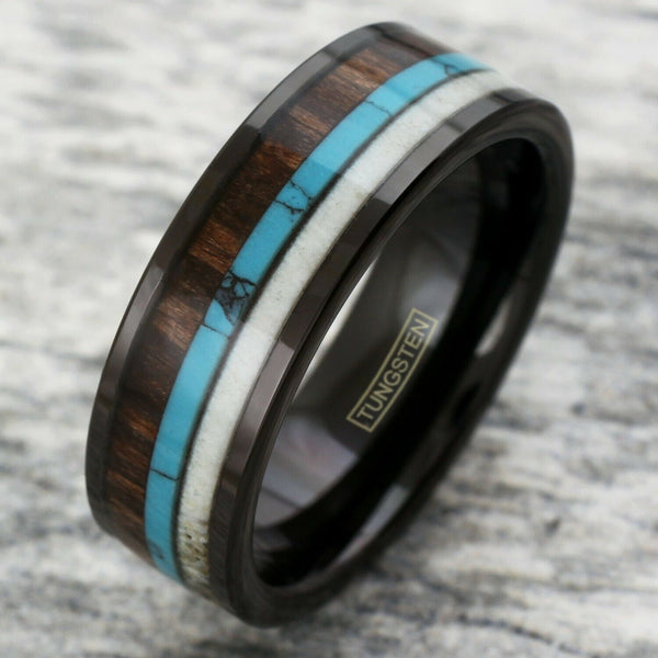 Flat polished black tungsten carbide band ring | deer antler - blue turquoise - Koa wood inlays | Tilted photo