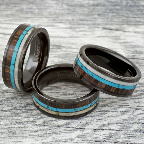 Flat polished black tungsten carbide band ring | deer antler - blue turquoise - Koa wood inlays | Group photo