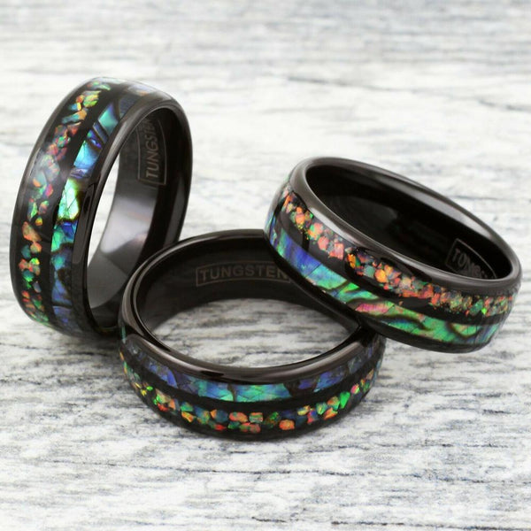 Stunning Polished Black Tungsten Dome Ring w/ Dazzling Man-Made Hawaii Opal & Brilliant Abalone Inlays.