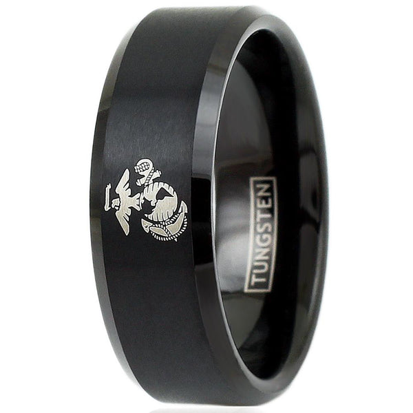 Black tungsten ring w/ laser engraved US Marine Corps logo | Wholesale Tungsten Rings - Wedding Bands | Upright photo