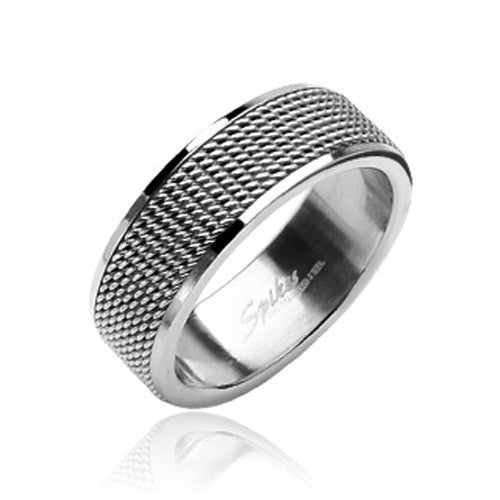 Polished stainless steel ring with wire mesh screen center band. For couples. Wholesale Jewelry