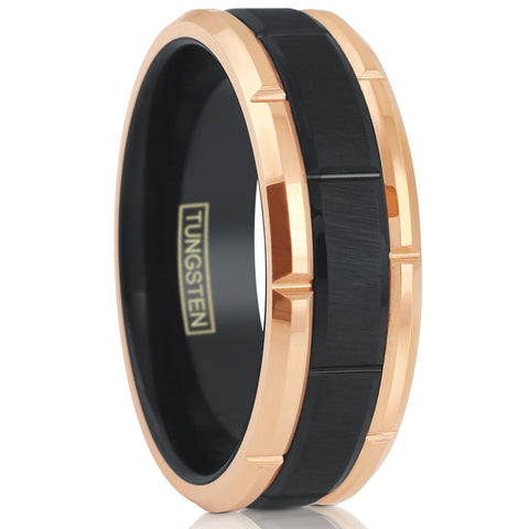 Polished Rose gold notched tungsten carbide band ring | Brushed black notched center band | White photo