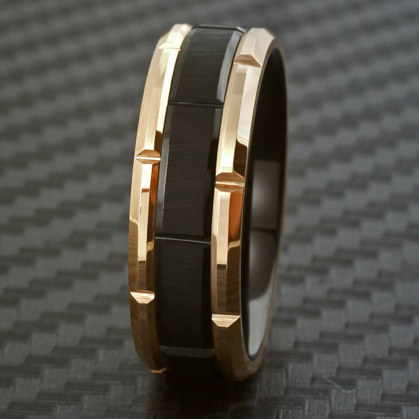 Polished Rose gold notched tungsten carbide band ring | Brushed black notched center band | Front photo