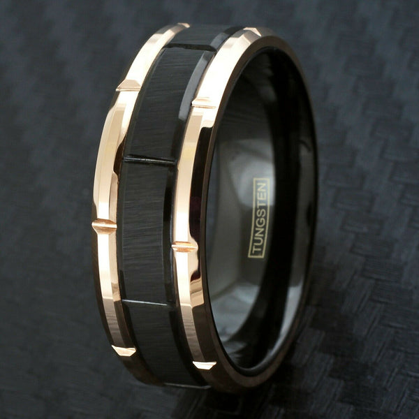 Polished Rose gold notched tungsten carbide band ring | Brushed black notched center band | Quarter photo