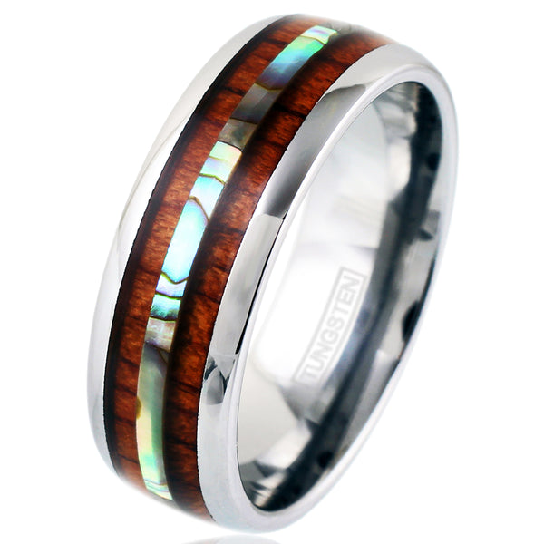 Silver tungsten dome ring w/ abalone inlay between Koa wood inlays | White photo