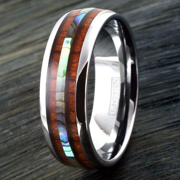 Silver tungsten dome ring w/ abalone inlay between Koa wood inlays | Wood photo