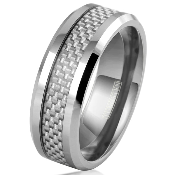 Polished silver tungsten ring | brilliant white carbon fiber inlay | Discount tungsten rings | Wedding bands | White tilted photo