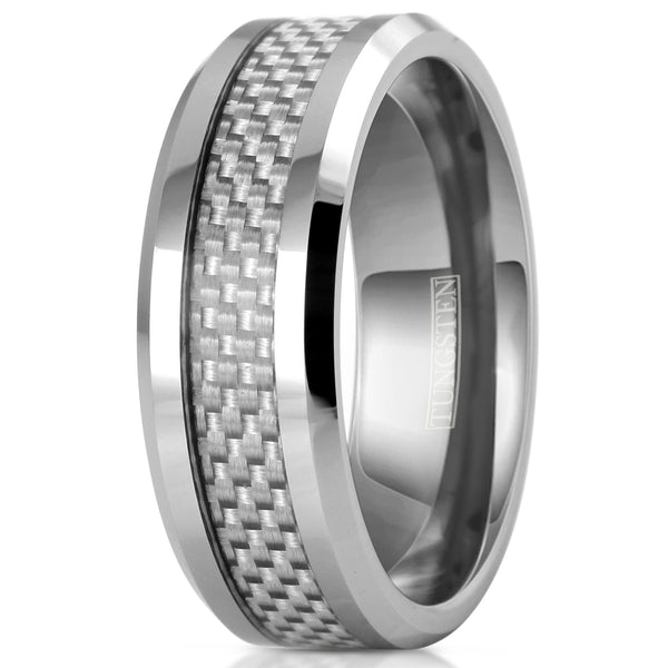 Polished silver tungsten ring | brilliant white carbon fiber inlay | Discount tungsten rings | Wedding bands | White upright photo