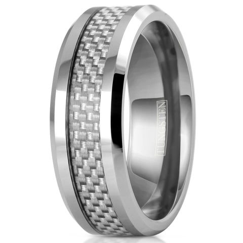 Polished silver tungsten ring | brilliant white carbon fiber inlay | Discount tungsten rings | Wedding bands | White upright photo