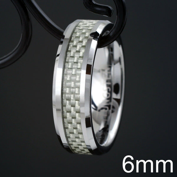 Polished silver tungsten carbide ring | brilliant white carbon fiber inlay | Discount tungsten rings - wedding bands | 6mm black photo
