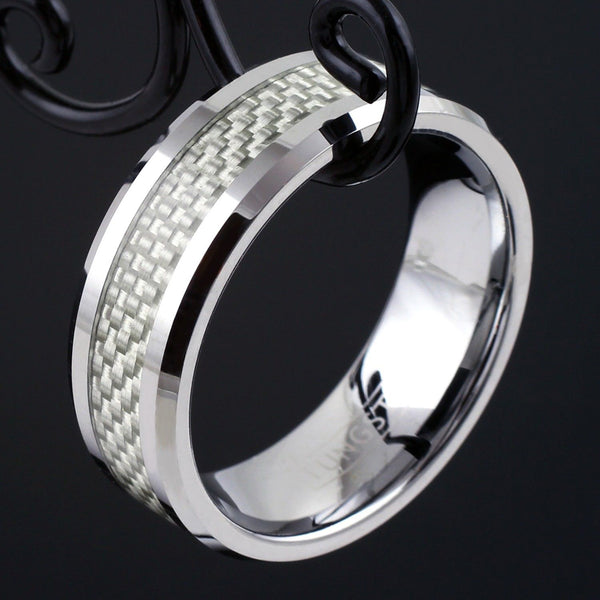 Polished silver tungsten carbide ring | brilliant white carbon fiber inlay | Discount tungsten rings - wedding bands | 6mm black diagonal photo