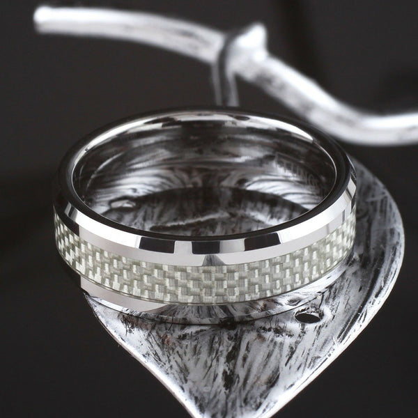 Polished silver tungsten carbide ring | brilliant white carbon fiber inlay | Discount tungsten rings - wedding bands | 6mm flat photo