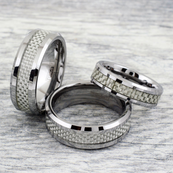 Polished silver tungsten ring | brilliant white carbon fiber inlay | Discount tungsten rings | Wedding bands | Group photo