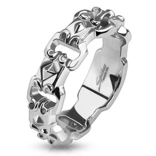 Polished stainless steel ring cast in unique buckle chain link | Wholesale stainless steel rings - Jewelry