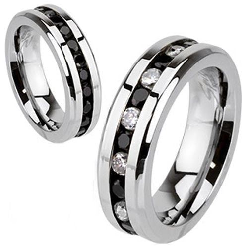 Polished stainless steel eternity ring with black and clear CZs | Wholesale stainless steel rings - Jewelry