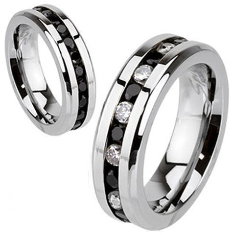 Polished stainless steel eternity ring with black and clear CZs | Wholesale stainless steel rings - Jewelry