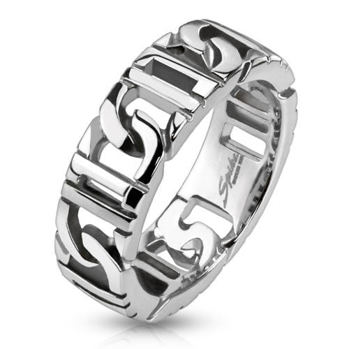 Polished stainless steel band in Double D link cutout pattern | Wholesale stainless steel rings - Jewelry