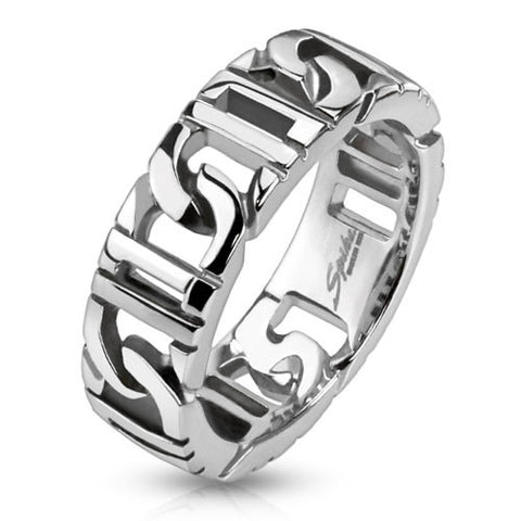 Polished stainless steel band in Double D link cutout pattern | Wholesale stainless steel rings - Jewelry