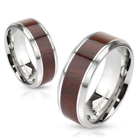 Mirro polished ring with chamfered edges and rich wood inlay | Wholesale stainless steel rings - Jewelry
