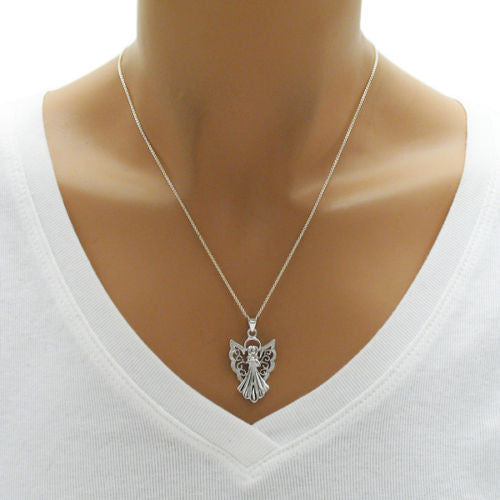 Brilliant Praying Angel with Swirly Wings Pendant | Wholesale 925 Sterling Silver Pendant - Jewelry | Alternate