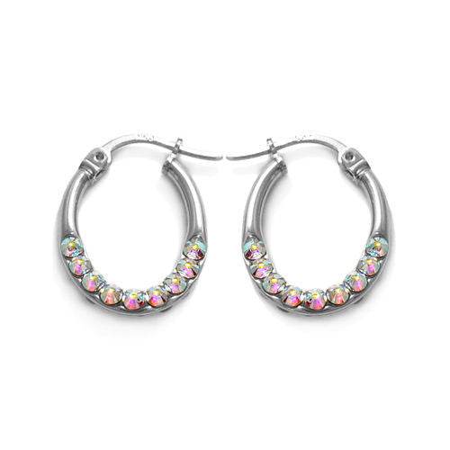 Luxurious Rainbow Crystal Oval Hoop Earrings in 21mm | Wholesale Sterling Silver Jewelry | Main