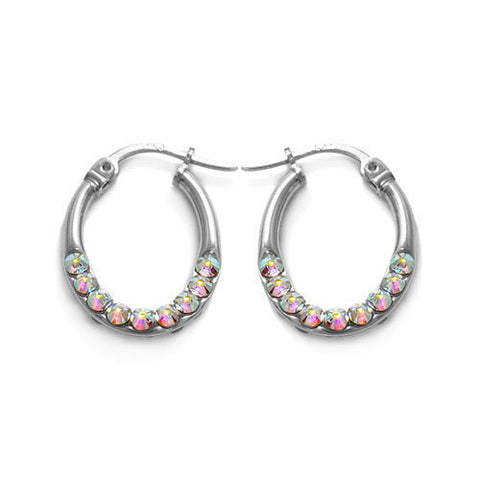 Luxurious Rainbow Crystal Oval Hoop Earrings in 21mm | Wholesale Sterling Silver Jewelry | Main