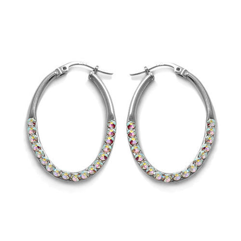 Luxurious Rainbow Crystal Oval Hoop Earrings in 34mm | Wholesale Sterling Silver Jewelry | Main